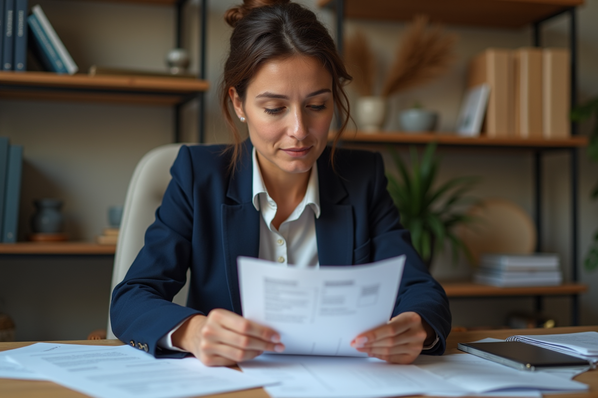 Femme professionnelle en bureau à domicile examinant factures