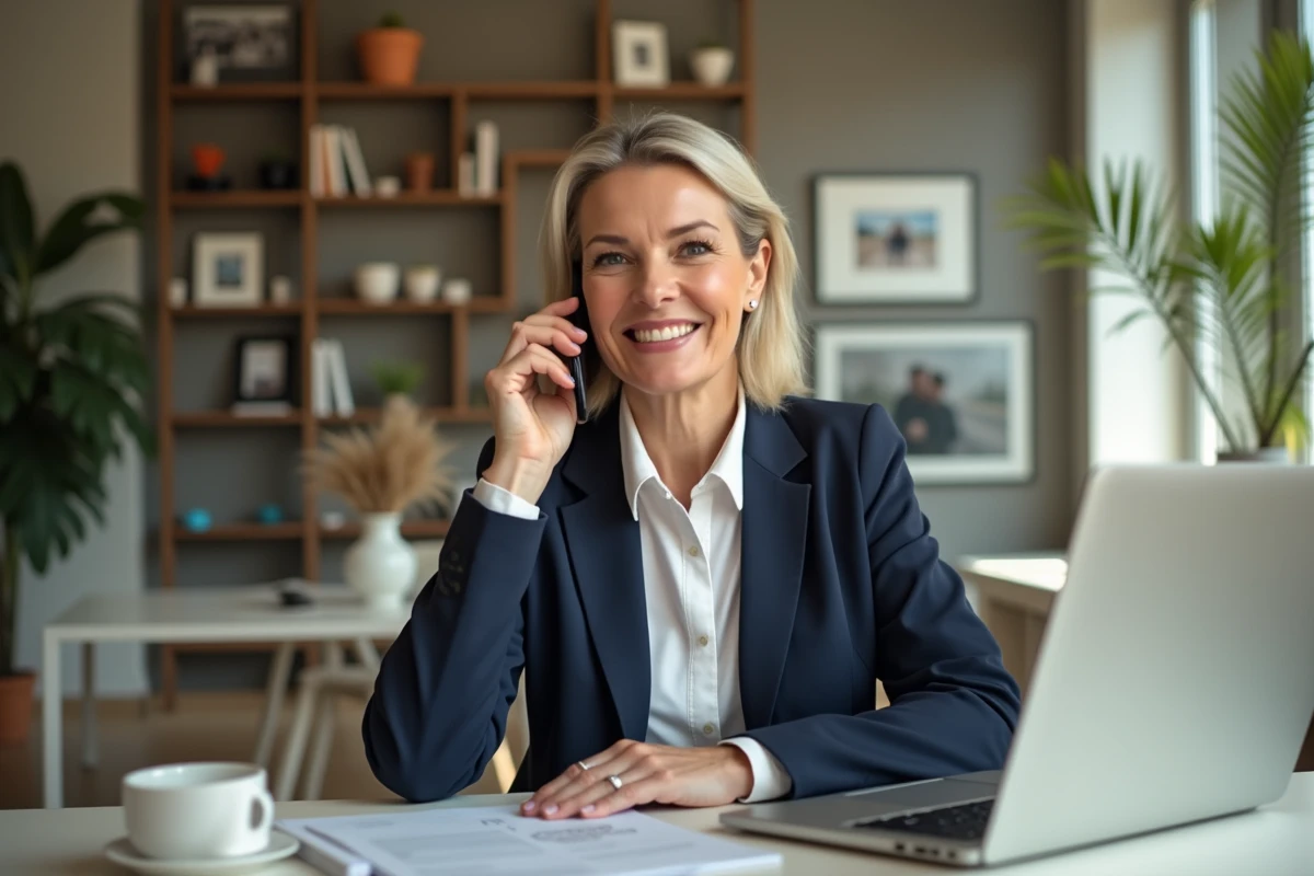 Femme d'âge moyen au bureau parlant au téléphone