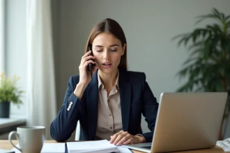 Femme en bureau moderne faisant un appel urgent