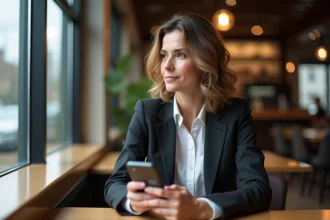 Femme d affaires pensive avec smartphone dans un café moderne