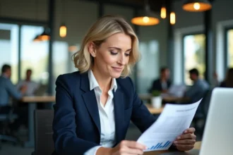 Femme cadre analysant des documents d'épargne salariale dans un bureau moderne, intéressement et participation Crédit Mutuel