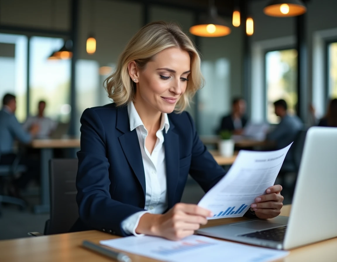 Femme cadre analysant des documents d'épargne salariale dans un bureau moderne, intéressement et participation Crédit Mutuel