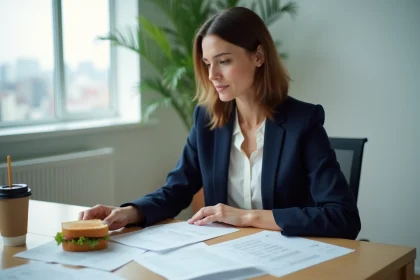 Femme cadre consultant des documents fiscaux sur frais de repas à son bureau avec des reçus et un déjeuner de travail