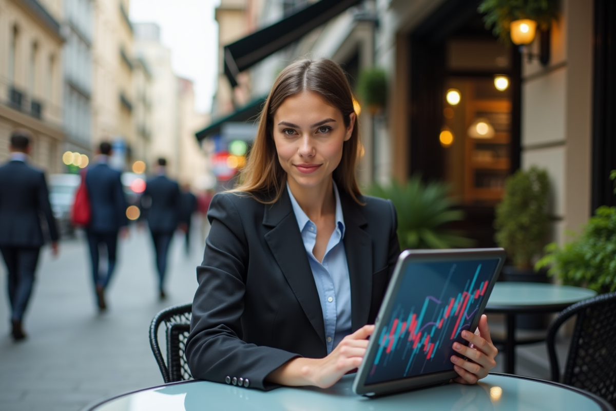Jeune femme en extérieur avec tablette de graphiques financiers