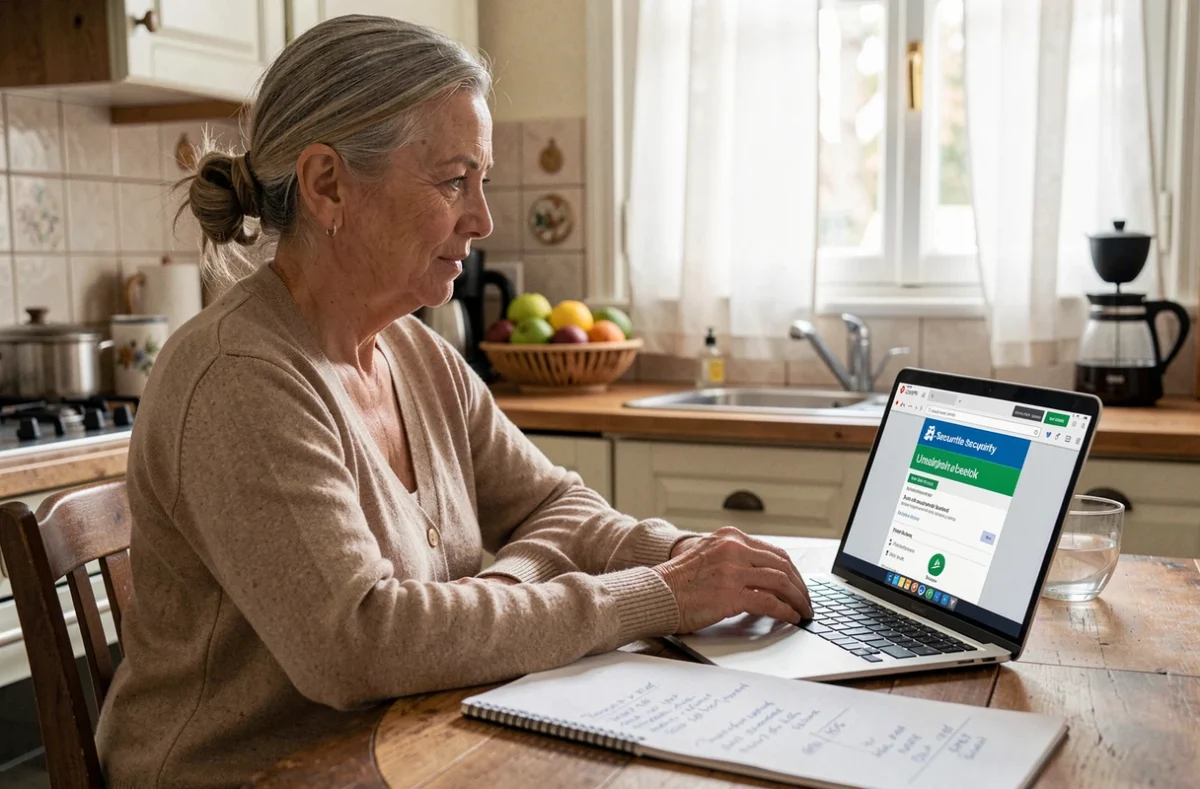 Femme calculant sa durée de travail et ses droits à l'indemnisation chômage depuis son domicile avec un ordinateur portable et des notes manuscrites