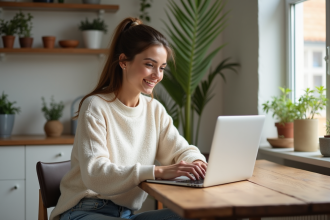 Femme assise à la maison utilisant un ordinateur pour le cashback