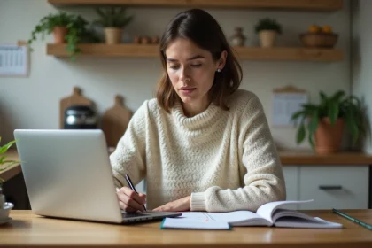 Femme en intérieur vérifiant une liste de tâches