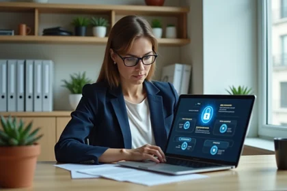 Femme utilisant un coffre-fort numérique Arkevia sur son ordinateur portable dans un bureau moderne