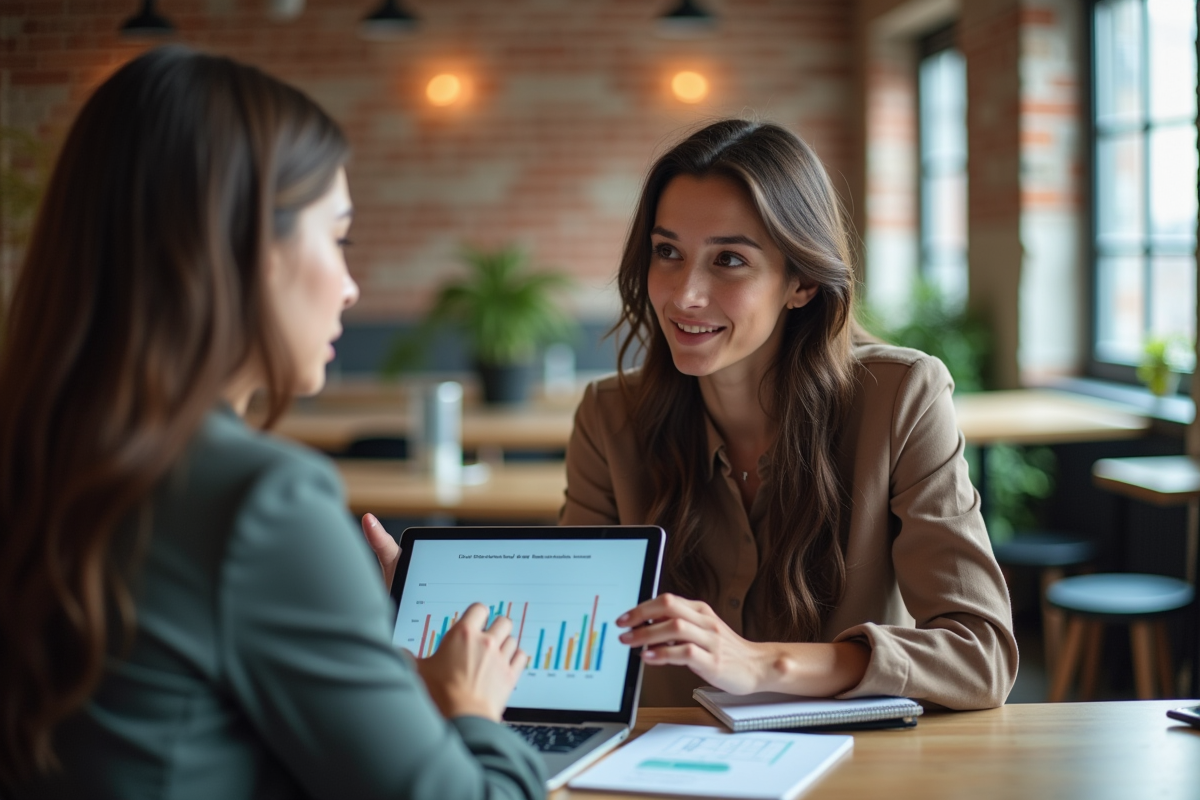 Femme expliquant un graphique à un collègue en coworking