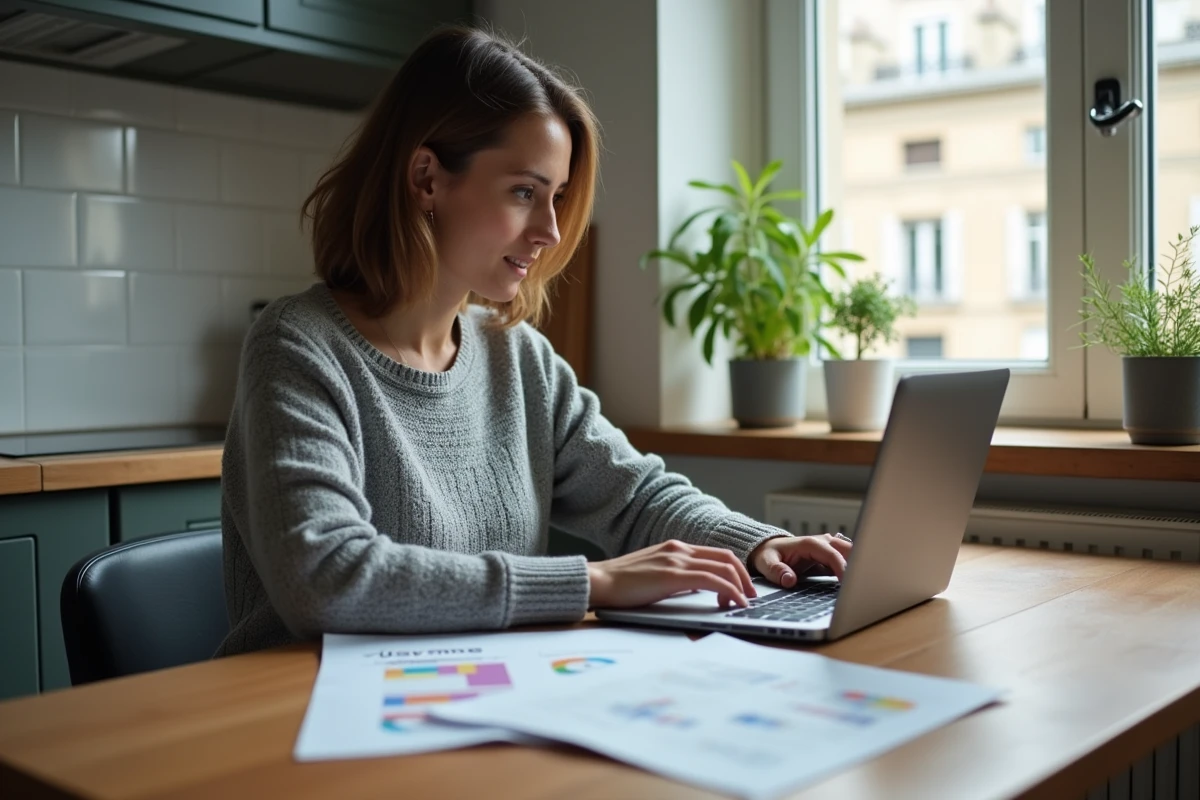 Femme comparant ses assurances auto et habitation sur un ordinateur portable dans une cuisine moderne