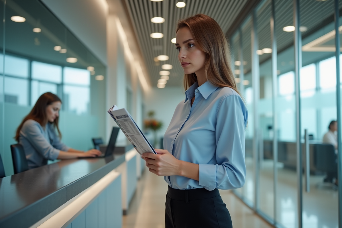 Jeune femme discutant avec un conseiller bancaire au guichet
