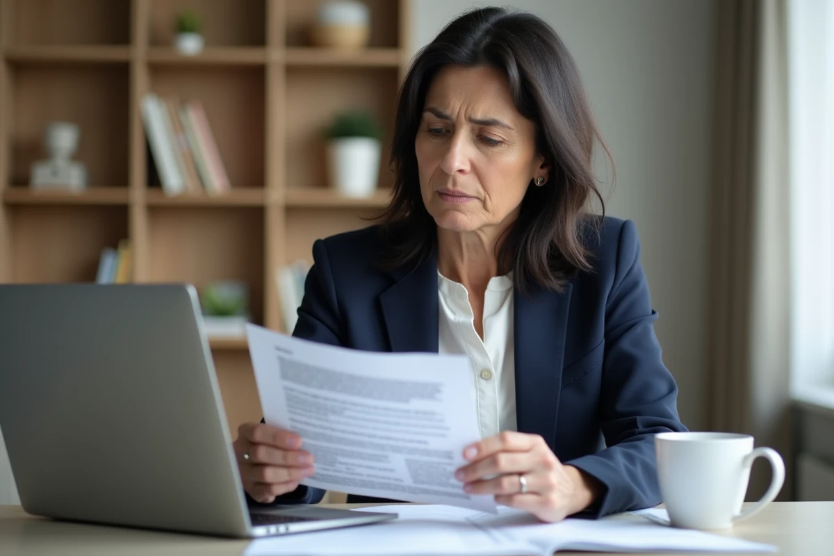 Femme d'affaires consultant ses contrats d'assurance Qlara sur des documents imprimés dans un bureau moderne en 2026