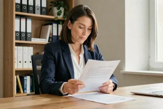 Femme professionnelle consultant ses appels de cotisations Carpimko à son bureau à domicile