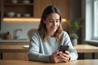Femme consultant ses fiches de paie sur smartphone depuis sa cuisine