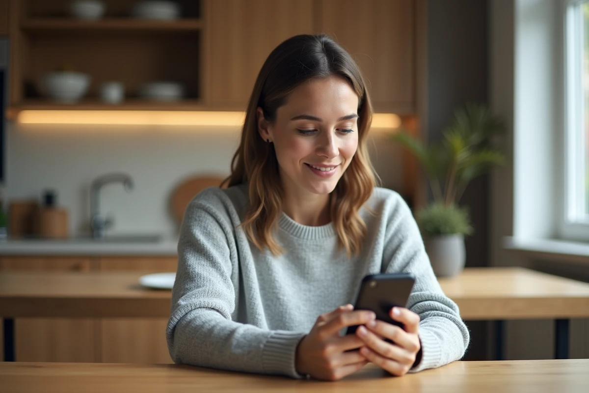 Femme consultant ses fiches de paie sur smartphone depuis sa cuisine