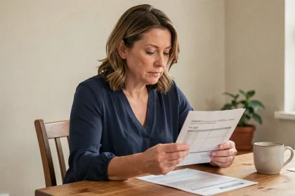 Femme consultant un relevé bancaire à la maison pour évaluer son épargne sur livret A