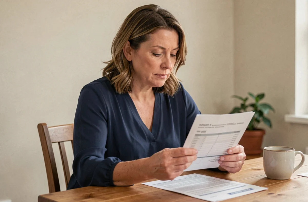 Femme consultant un relevé bancaire à la maison pour évaluer son épargne sur livret A