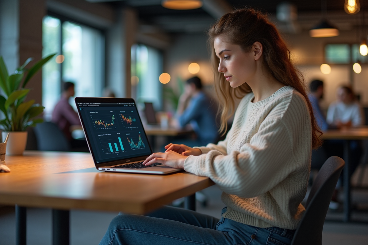 Jeune femme étudie graphiques de crowdfunding au coworking