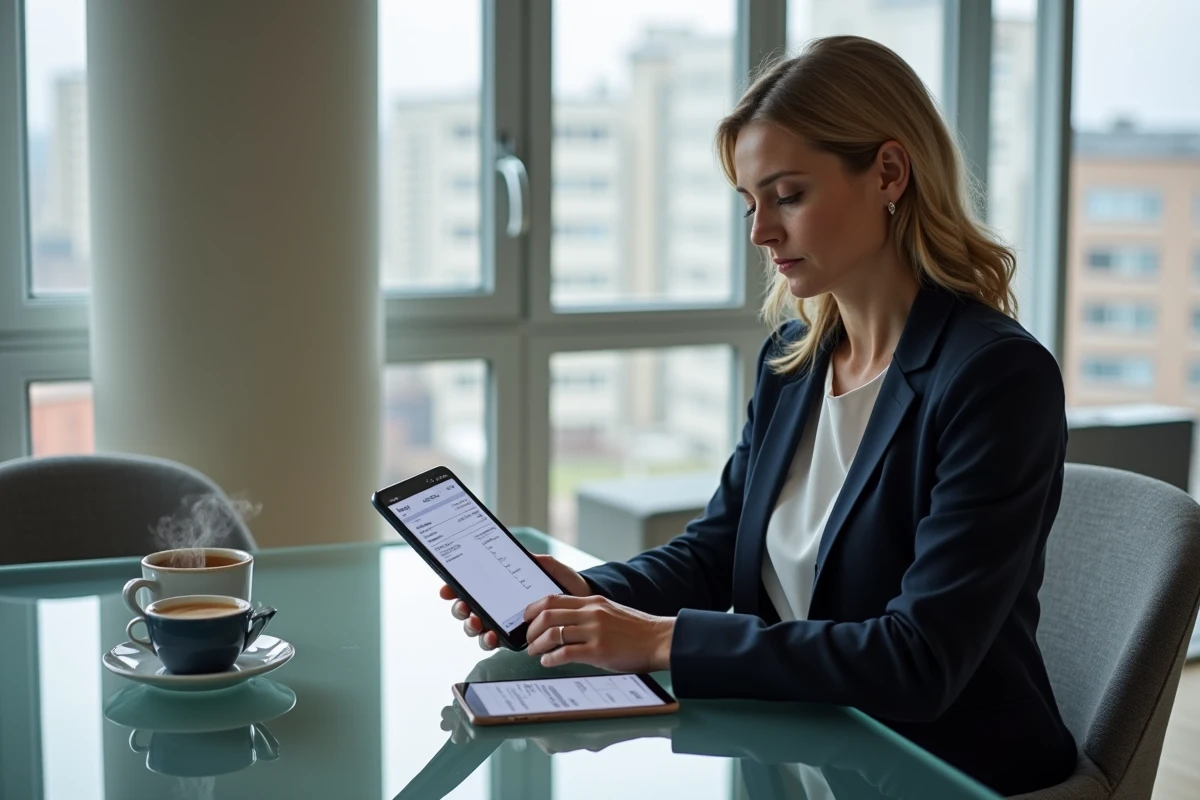 Femme utilisant une tablette pour déclarer ses revenus de placements Trade Republic aux impôts