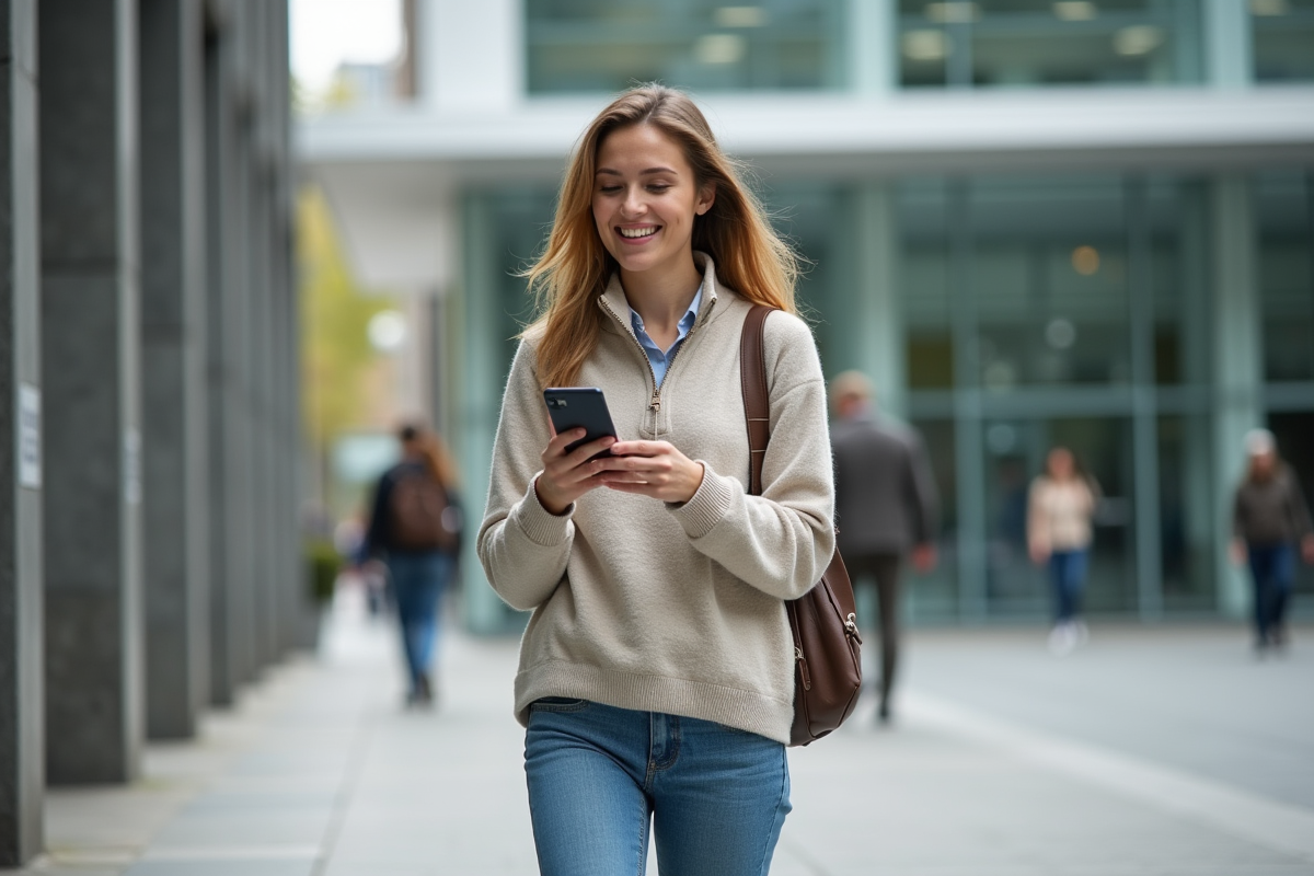 Jeune femme marchant devant un bâtiment gouvernemental