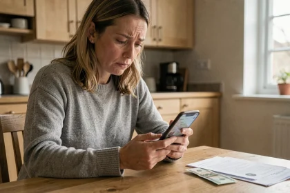 Femme stressée cherchant un crédit urgent en ligne depuis chez elle sur smartphone