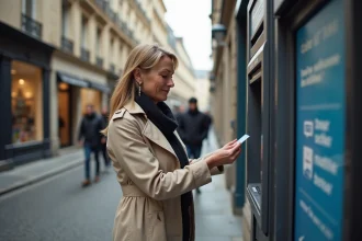 Femme utilisant un distributeur automatique de billets en pleine rue dans une ville française