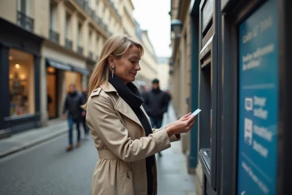 Femme utilisant un distributeur automatique de billets en pleine rue dans une ville française