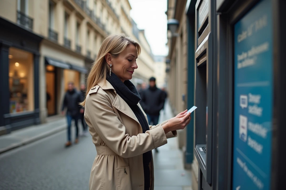 Femme utilisant un distributeur automatique de billets en pleine rue dans une ville française