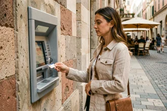 Femme utilisant un distributeur automatique de billets dans une rue pavée européenne avant un voyage