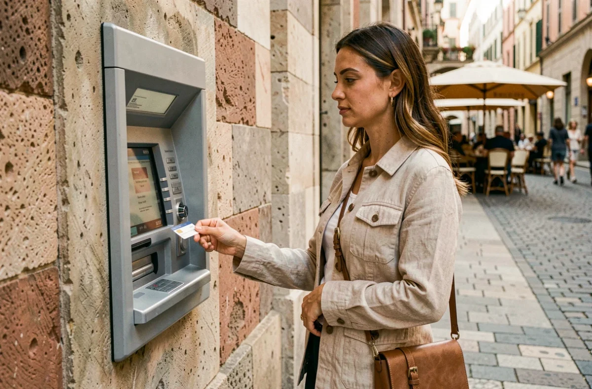 Femme utilisant un distributeur automatique de billets dans une rue pavée européenne avant un voyage