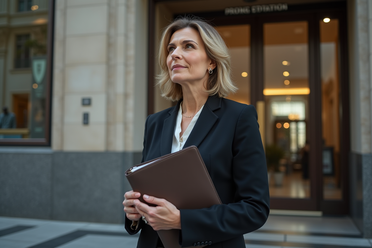 Femme professionnelle devant une banque en réfléchissant