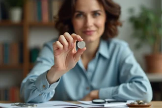Femme examinant une pièce 2 euros Jeux Olympiques 2026 avec une loupe sur un bureau de collectionneur