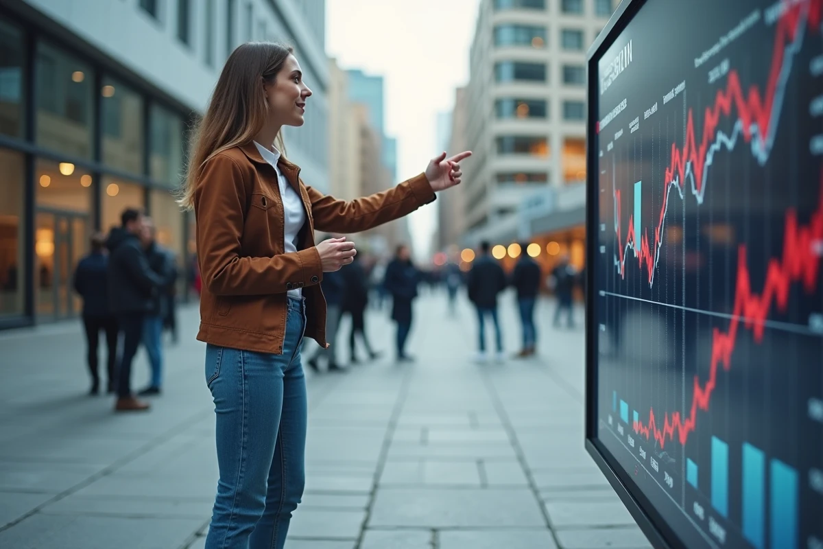 Jeune femme expliquant un graphique économique en extérieur