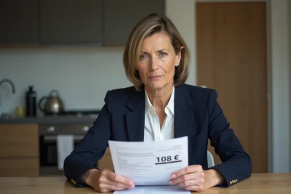 Femme française lisant un relevé bancaire à la maison