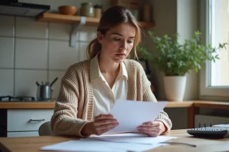 Femme d'affaires examinant des papiers dans une cuisine moderne