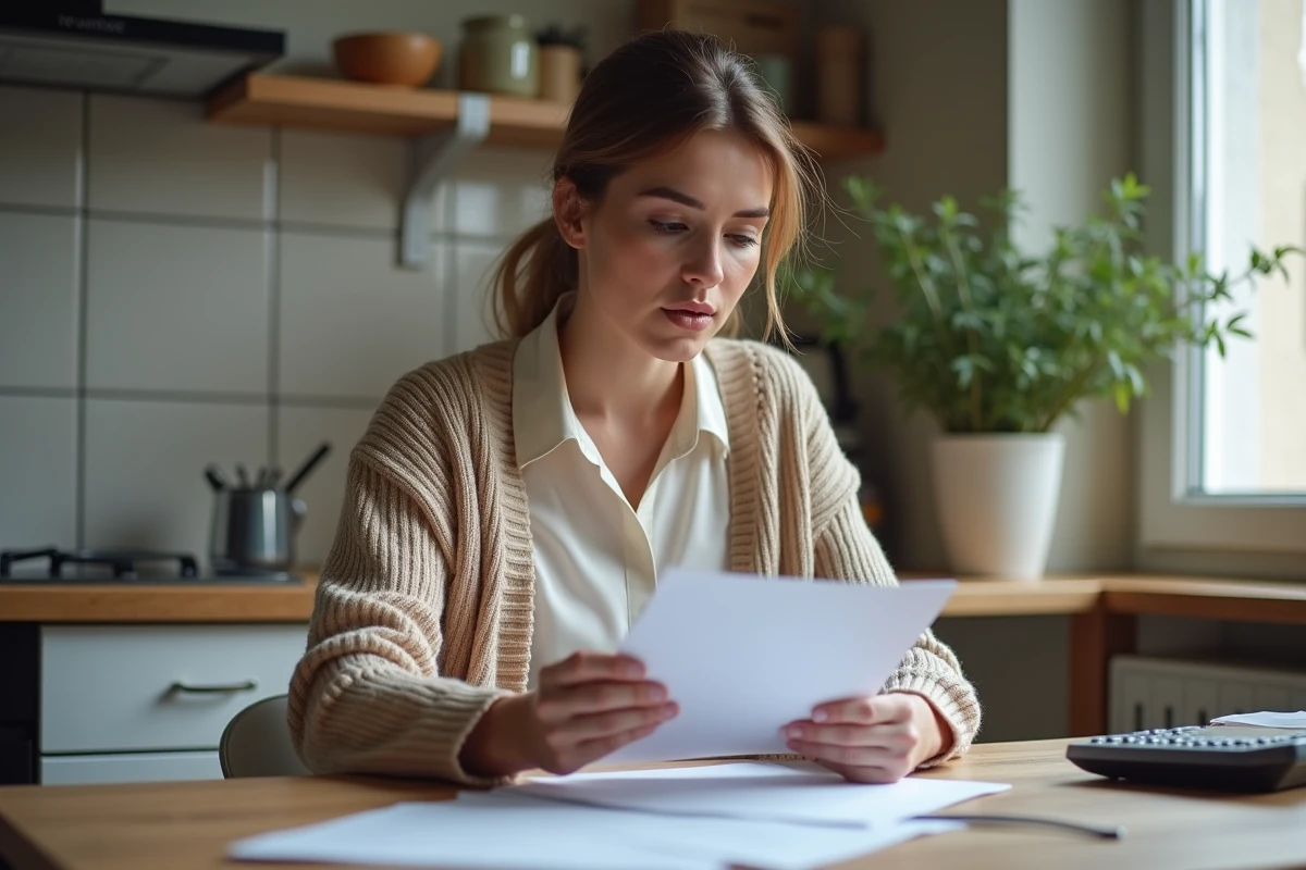 Femme d'affaires examinant des papiers dans une cuisine moderne