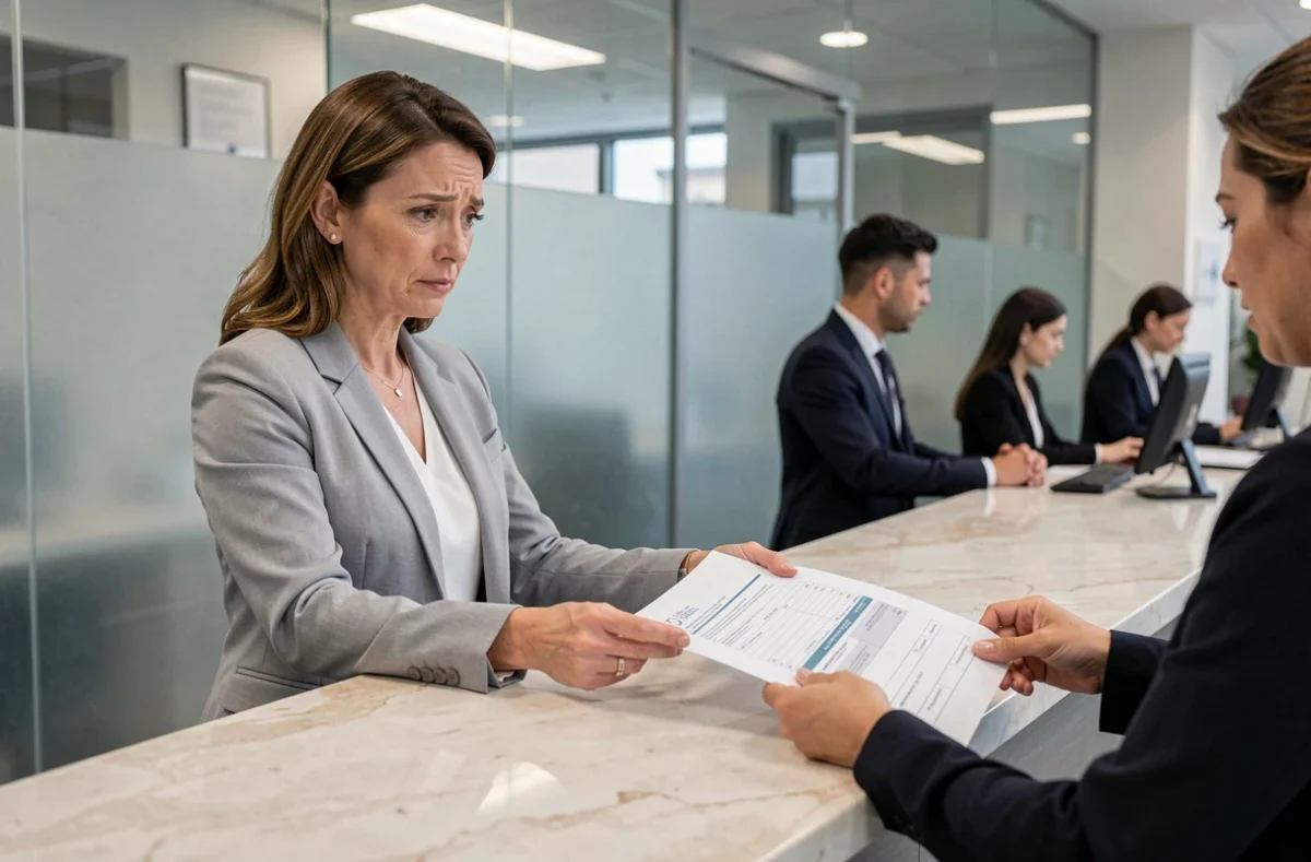 Femme en blazer à un guichet bancaire vérifiant un formulaire de paiement avec un conseiller pour sécuriser sa transaction