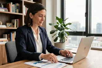 Femme indépendante consultant des documents financiers dans un bureau à domicile moderne, illustration de la Commercial Finance Association pour les freelances