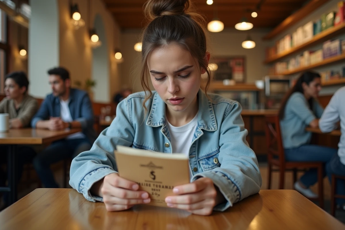 Jeune femme examinant un paquet de tabac dans un café espagnol