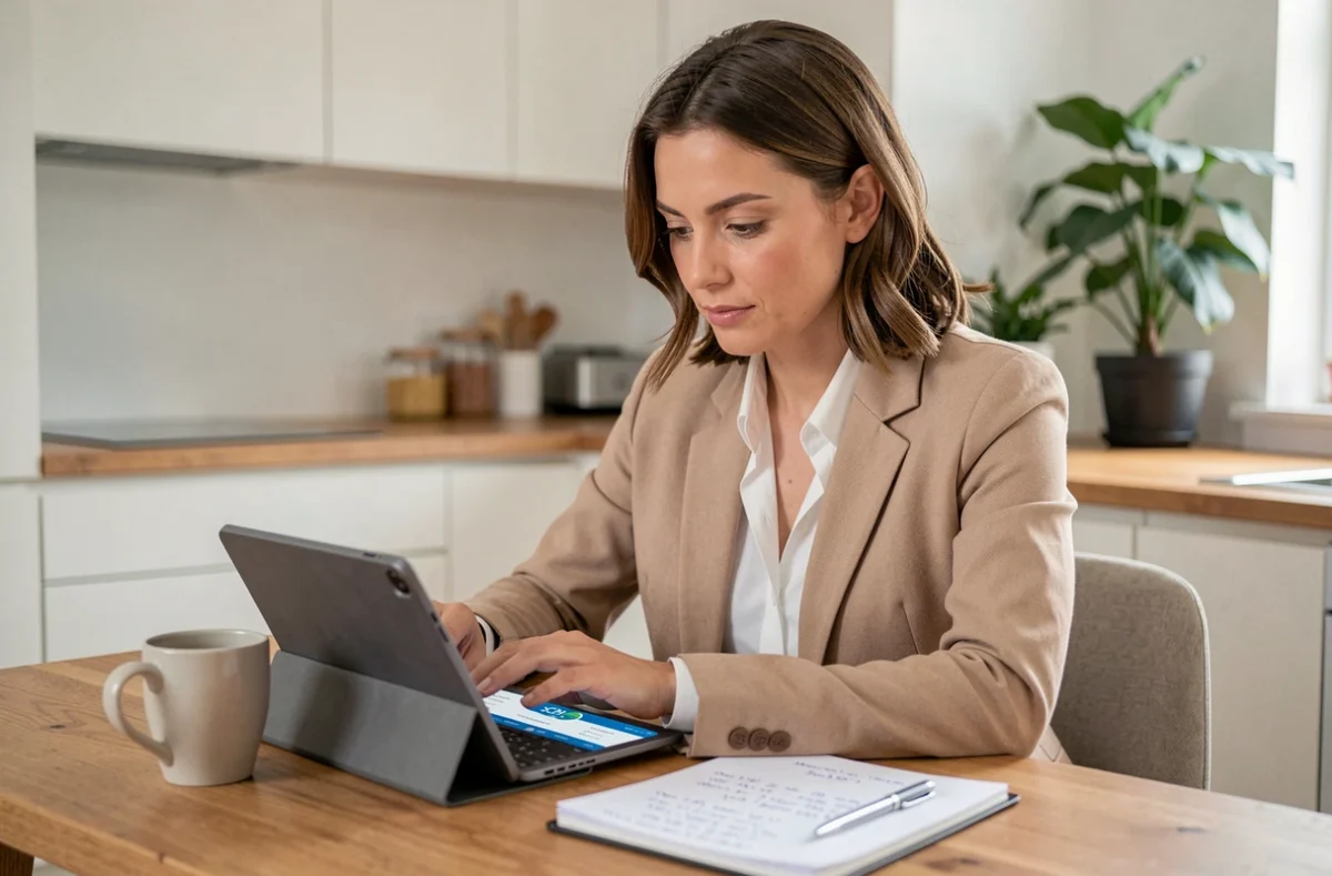 Femme consultant une plateforme d'investissement SCPI sur tablette depuis son domicile