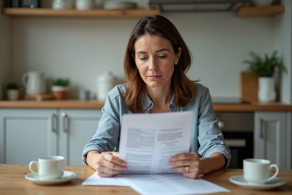 Femme d'âge moyen examinant documents de prêt immobilier