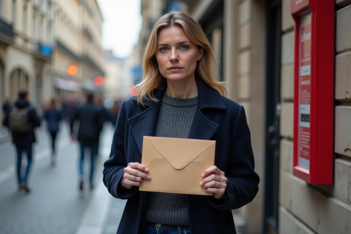 Femme tenant une lettre recommandée officielle devant un bureau de poste en France