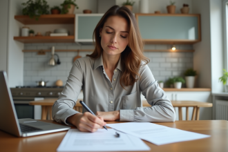 Femme lisant un document dans une cuisine moderne