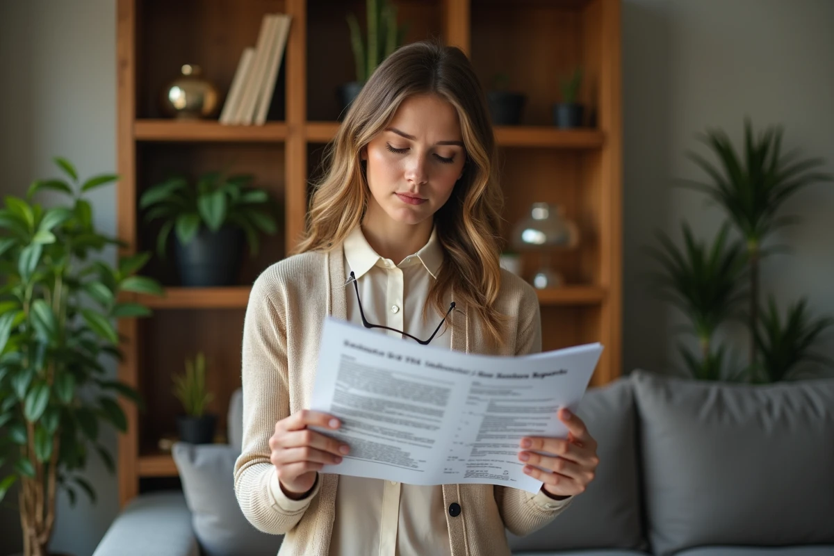 Femme lisant un rapport financier dans un salon cosy