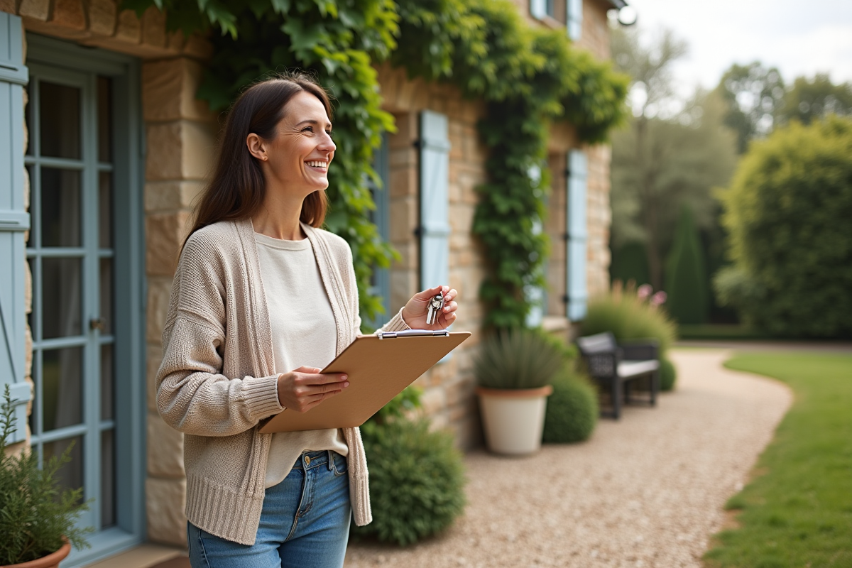 Femme souriante devant une maison de campagne