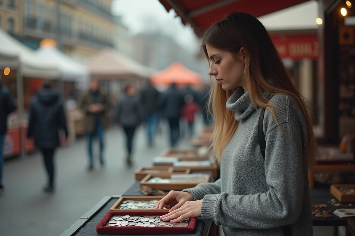 Jeune femme parcourant un étalage de pièces de monnaie rares dans un marché aux puces en plein air