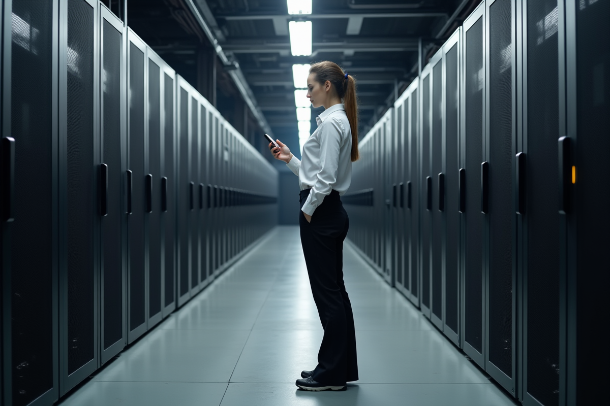 Femme inspecte une machine de minage dans un centre de serveurs