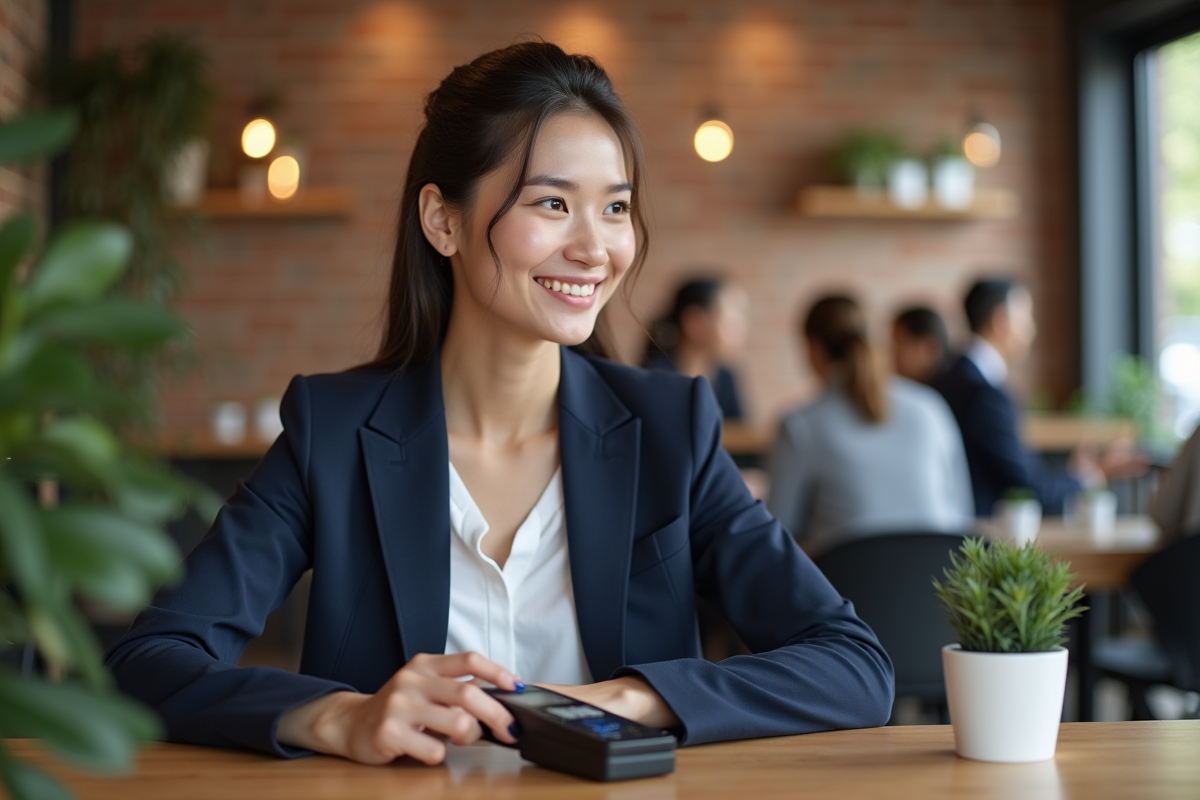 Jeune femme professionnelle utilisant une carte sans contact