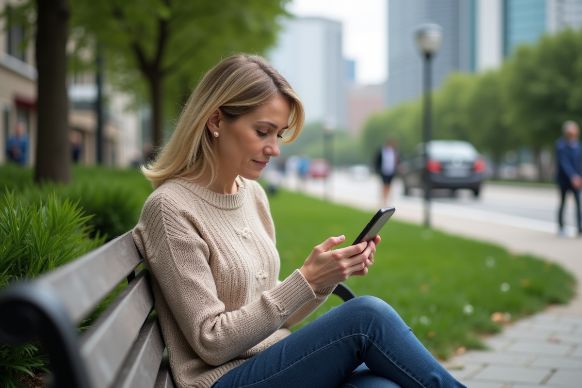 Femme assise dans un parc regardant son smartphone avec portefeuille Solana