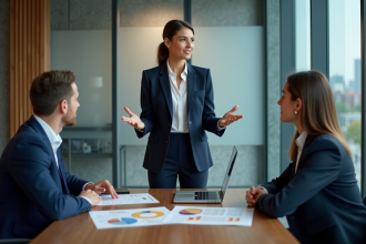 Femme confiante en blazer navy présente un projet